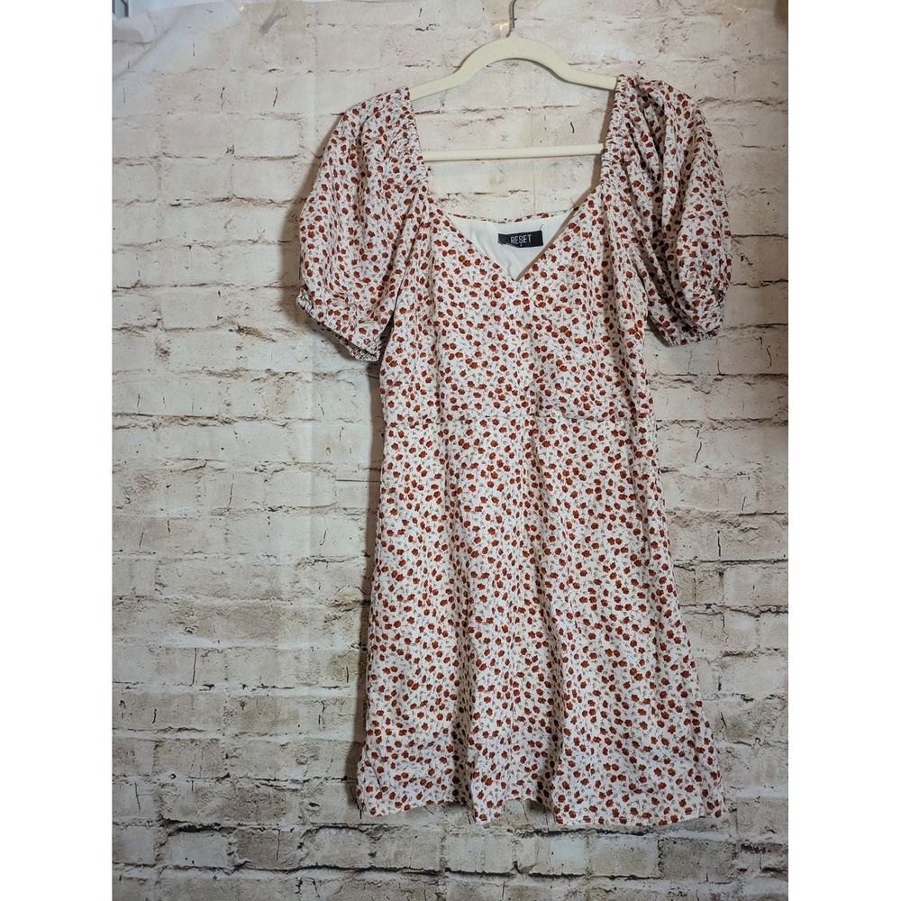 RESET Mini Dress Small Red & White Ditsy Micro Florals Puff Sleeve Babydoll